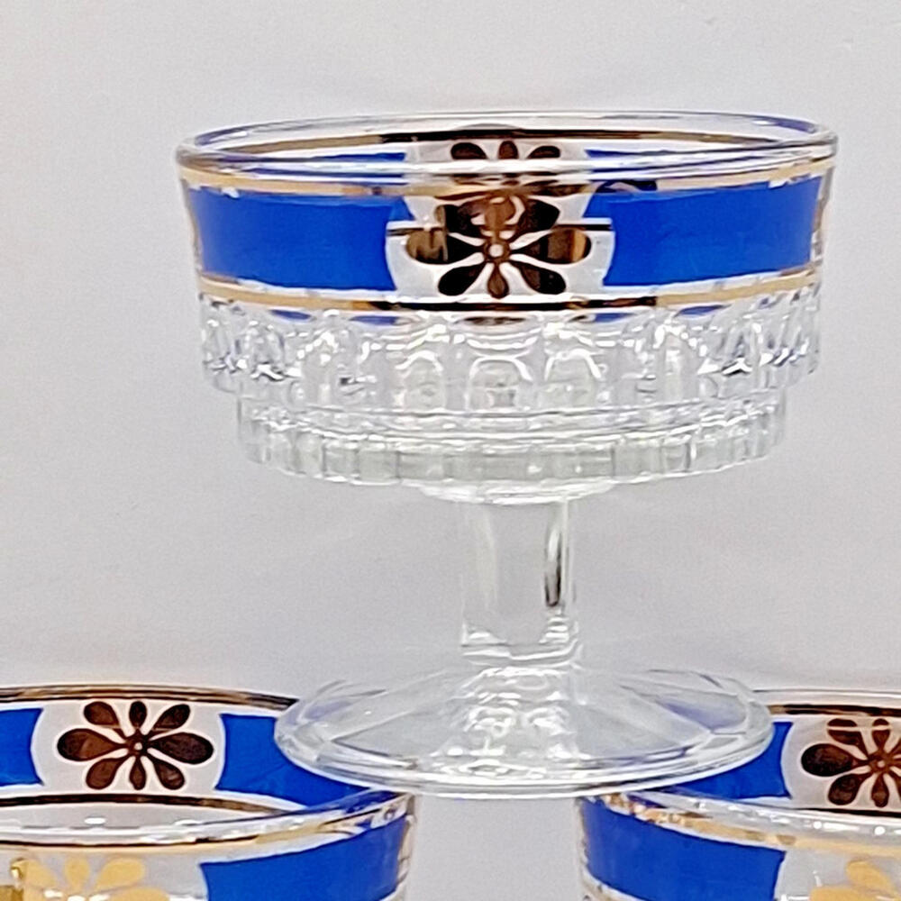 Set-6 Vintage Italy Stamped Royal Blue & Gold Rim Low Sherbet Dessert Glasses